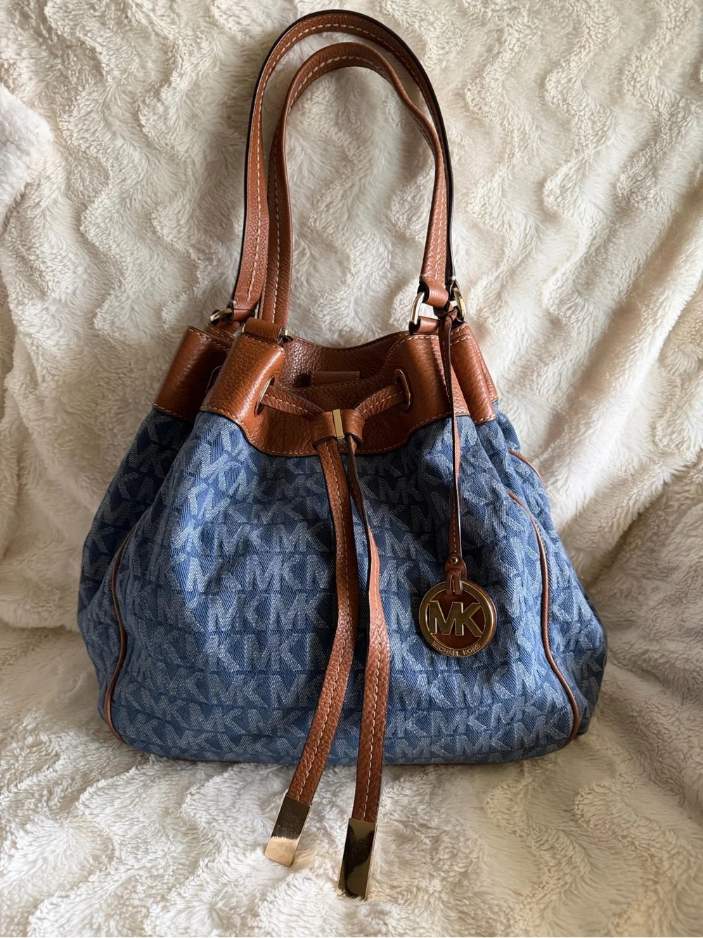 Like New! Michael Kors Denim MK Logo Shoulder Bag with Brown Leather Trim